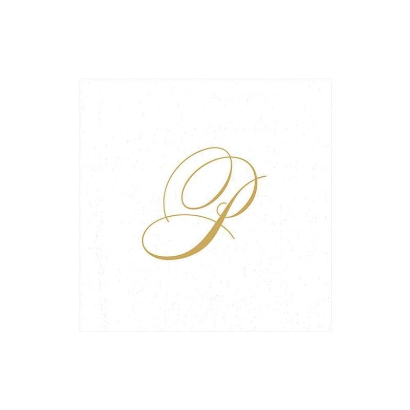 Caspari White Pearl & Gold Paper Linen Boxed Cocktail Napkins in Letter P - Pack of 30 - Image 1